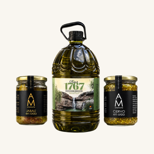 Lote gourmet sabor de Jaén: AOVE 5L + jabalí y ciervo en orza